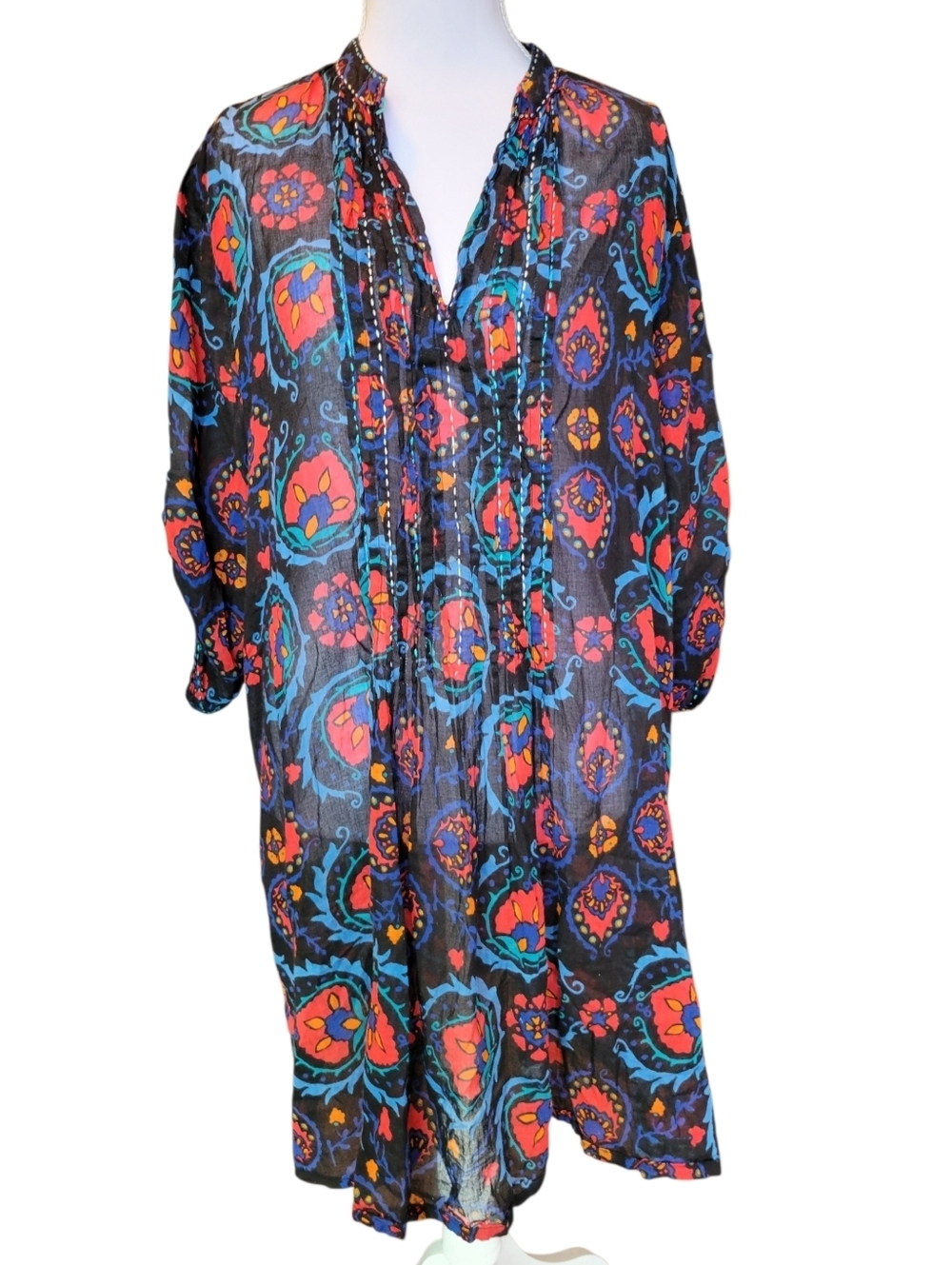 Artisan By Kikisol Black Santorini Embroidered Pleated Long Sleeve Sheer Tunic
